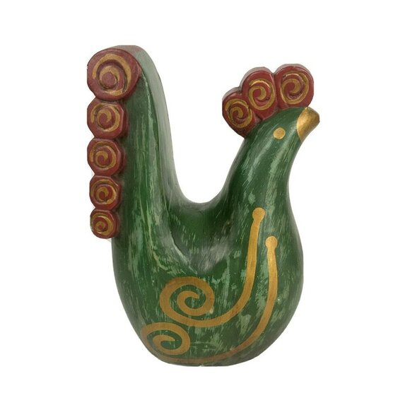 Hand Painted Green Gold Swirl Rooster Figurine Resin Farmhouse Country Decor - Picture 4 of 8